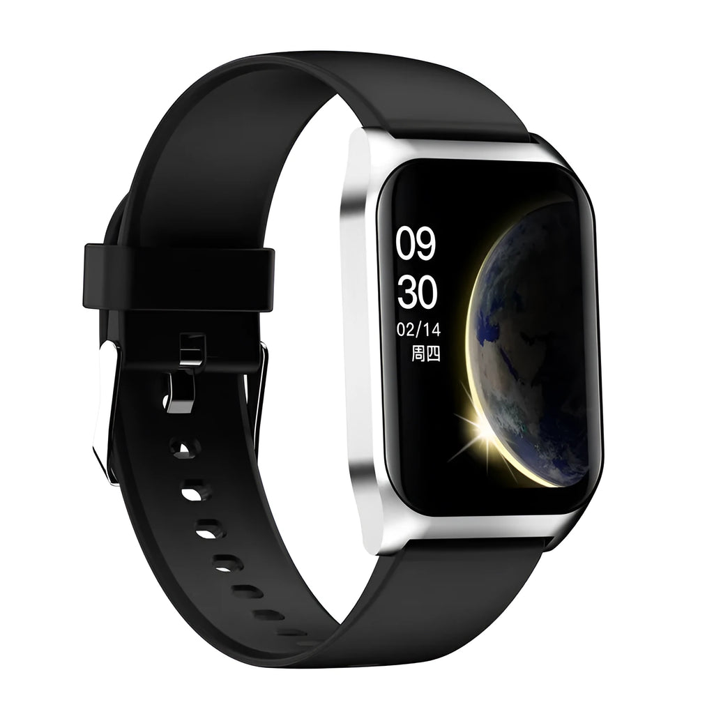 Black smart watch with 1.69-inch screen showing heart rate display on silicone wrist strap