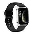Black smart watch with 1.69-inch screen showing heart rate display on silicone wrist strap