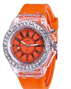 Women's LED luminous quartz watch with round 43mm alloy case and coloured silicone strap