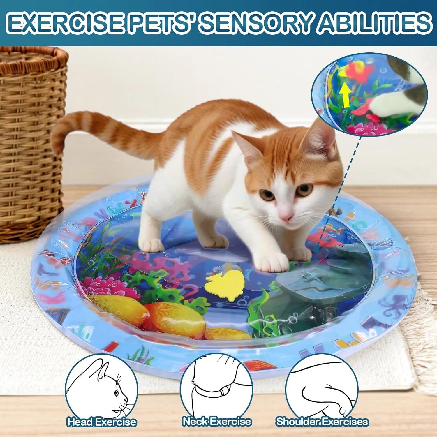 Square blue water sensory playmat for cats on floor, showing ocean fish design and floating toys inside.
