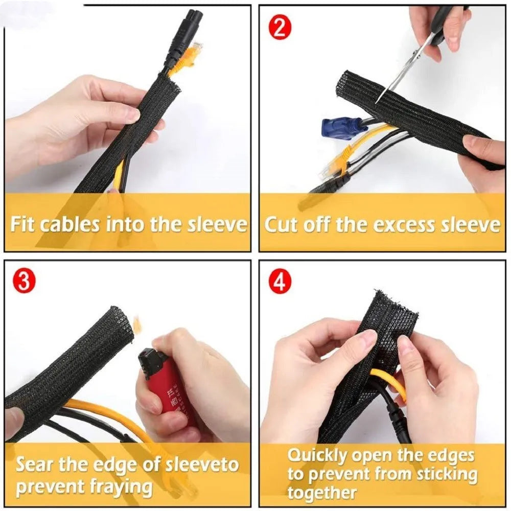 Black self-winding polyester mesh sleeve for automotive cable protection, shown in a coil.