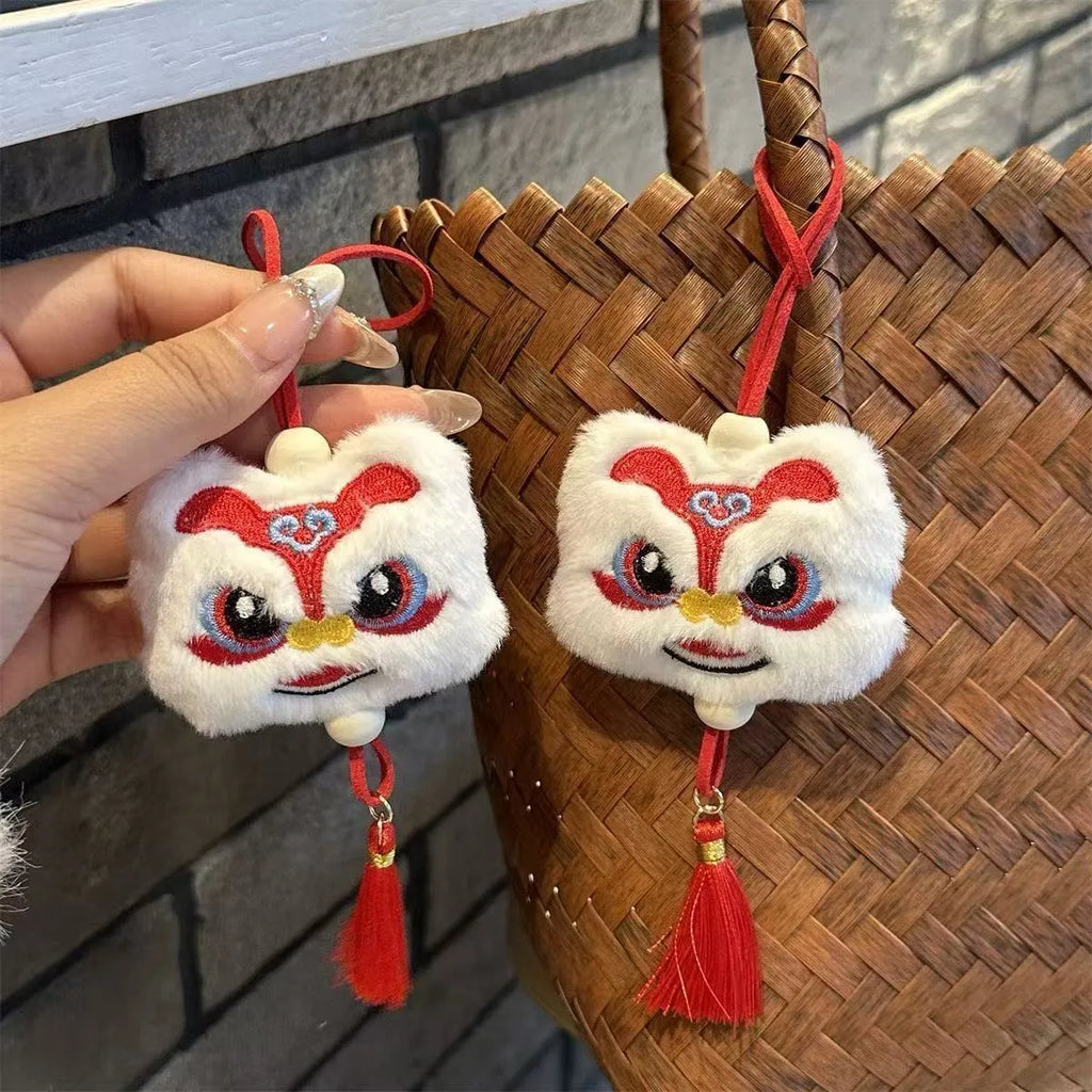 Chinese style blue plush lion keychain ornament with star stone and tassel