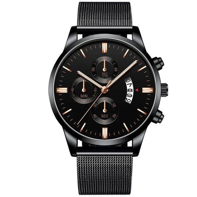 Men's stainless steel quartz watch with mesh band in a two-tone colour option.