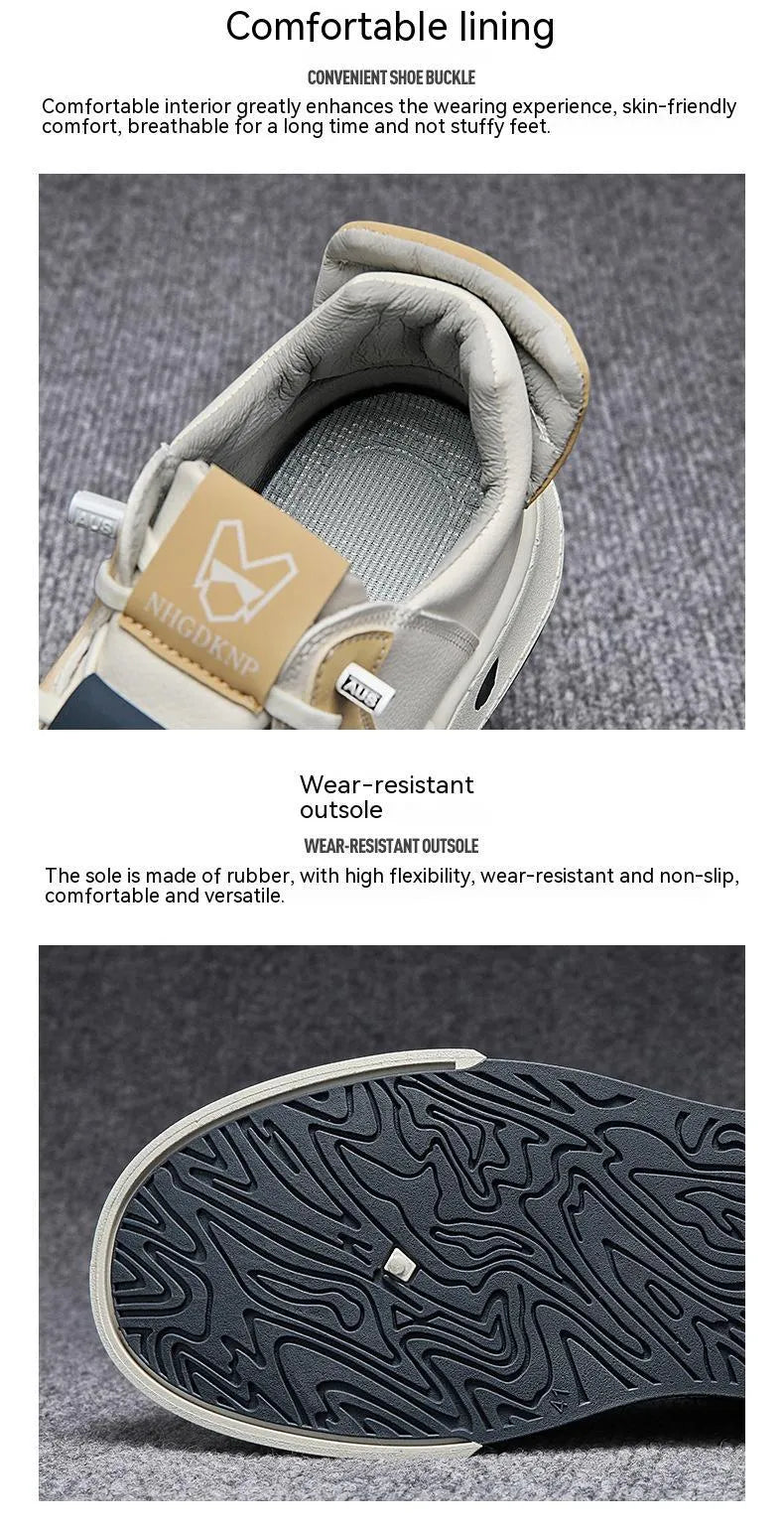 Men's beige low-top sneakers with elastic band closure and leather stitching detailing