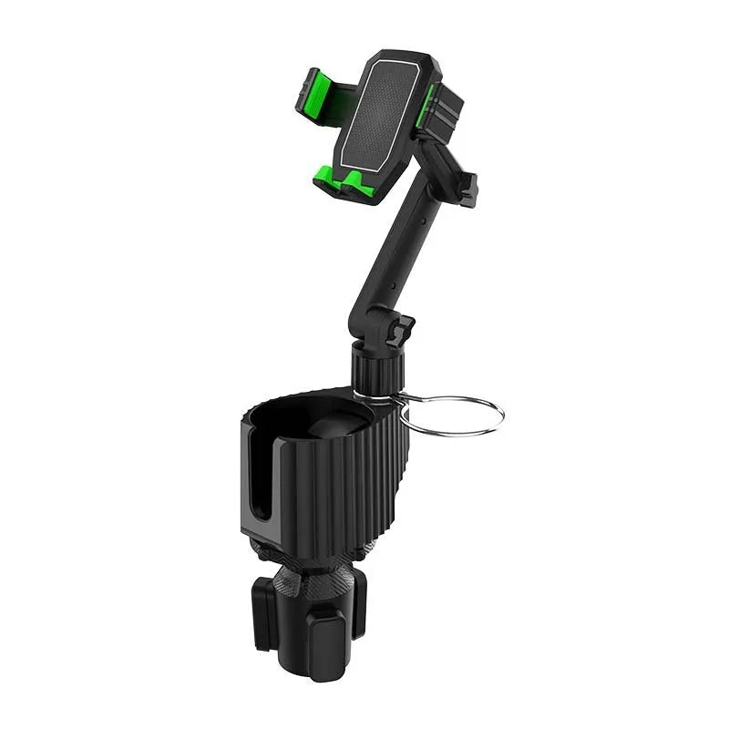 Green car cup holder organiser with phone holder and drink storage compartment