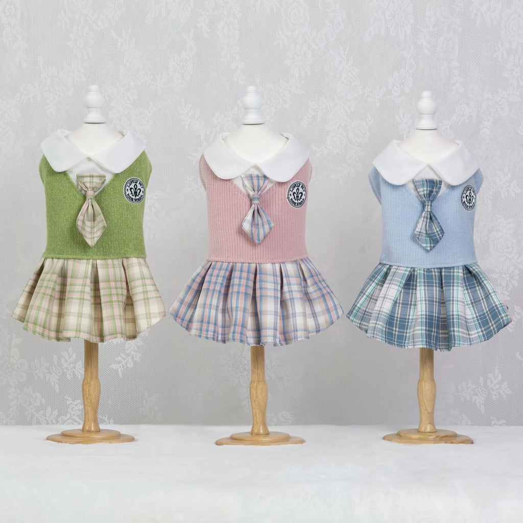 Tartan pattern skirt for a pet dog or cat in princess style, shown in blue colour.