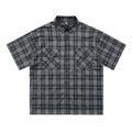 Men's black plaid shirt with embroidered letter on lapel and short sleeves