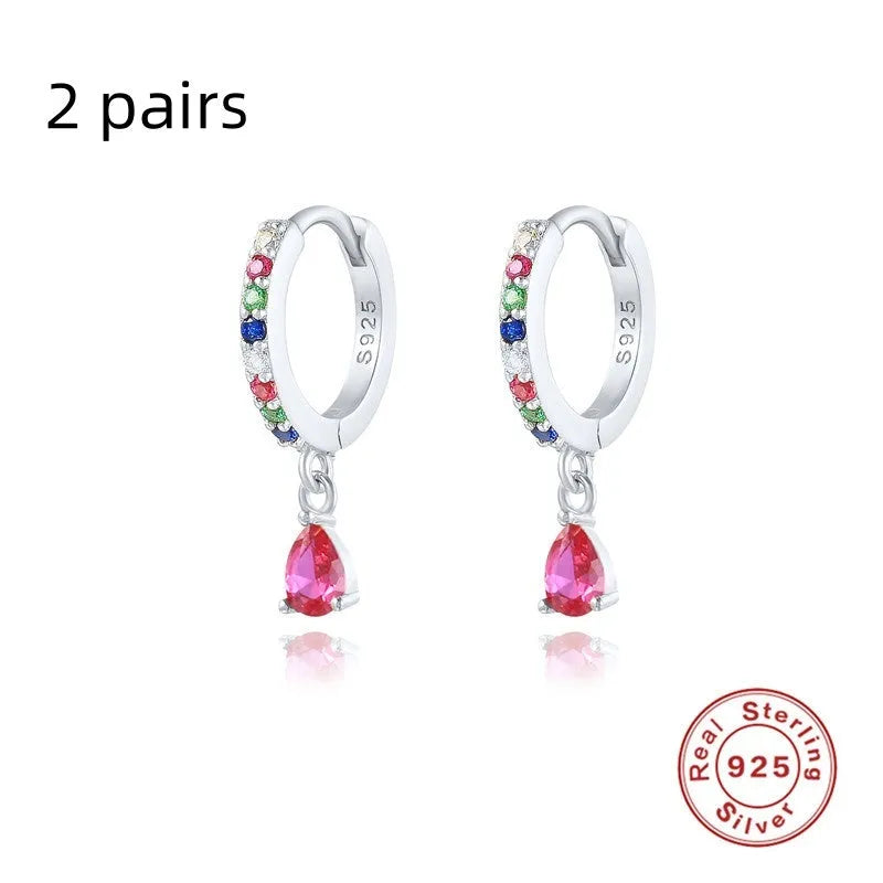 S925 sterling silver geometric water drop earrings with electroplated finish and gemstone accents
