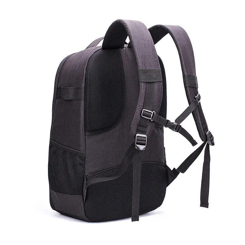 Black Oxford cloth drone backpack showing internal camera, laptop, and organiser pockets.