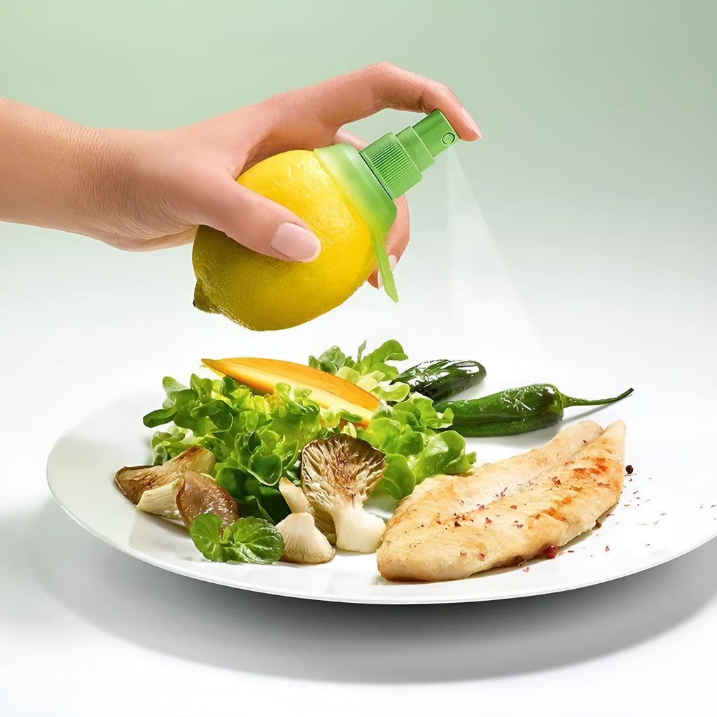 Green lemon sprayer with screw-in nozzle and PVC silicone ring for juice dispensing