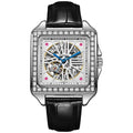 Men's square automatic watch with diamond accents and steel belt in black and white colour options