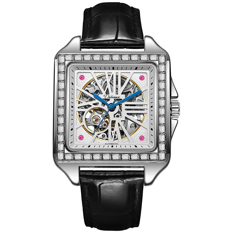 Men's square automatic watch with diamond accents and steel belt in black and white colour options