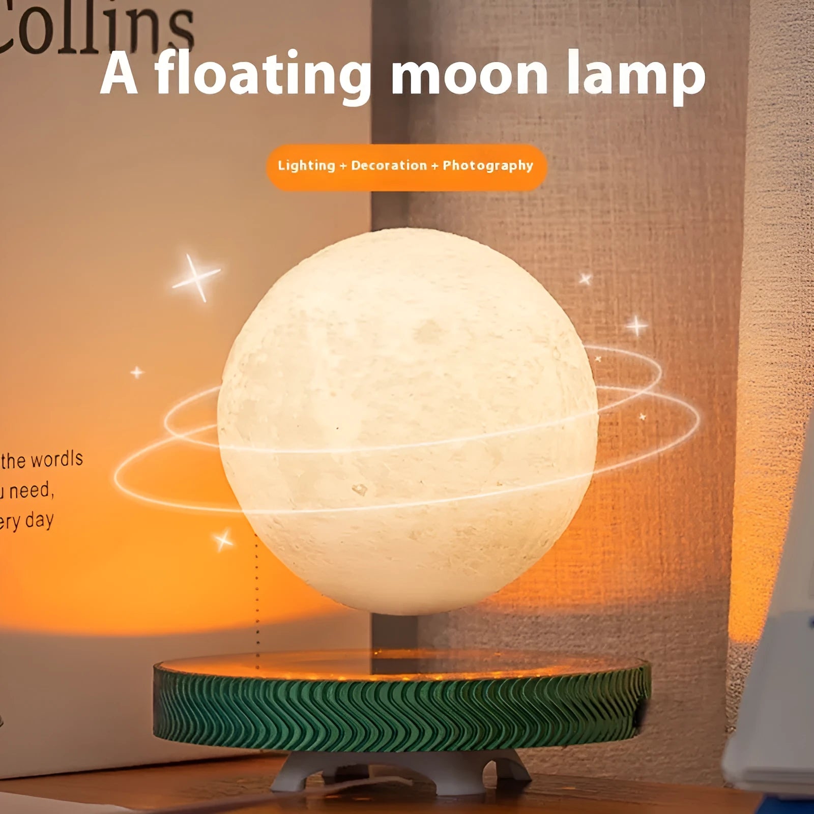 Magnetic levitation moon lamp floating above base with 3D-printed ornament and modern design