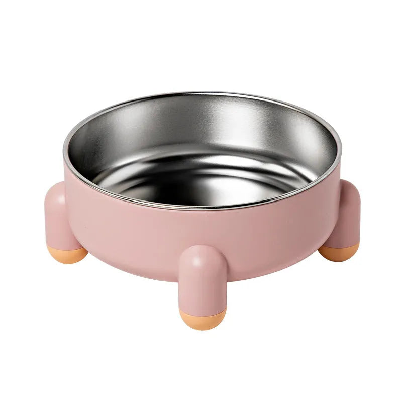 Stainless steel pet bowl with high foot and non-slip base in green, pink, or white colour