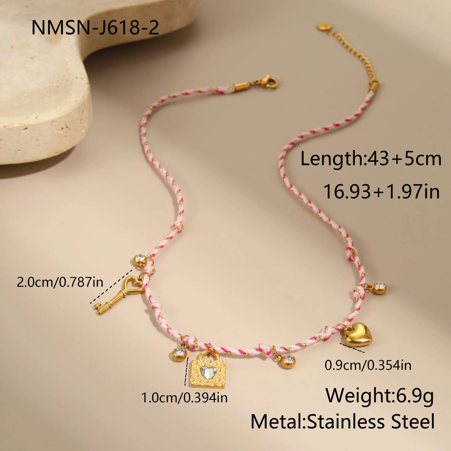 Handmade purple, pink, or blue braided rope and steel necklace or bracelet with heart, star, or geometric pendant.