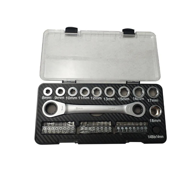 Dual-purpose ratchet wrench set with two-way mechanism, sockets, and batch heads