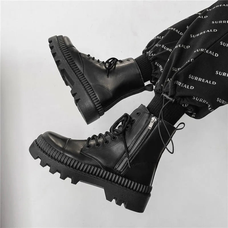 Men's black platform Dr. Martens boots with frosted leather, 8-hole high-top design, lace-up front and side zipper