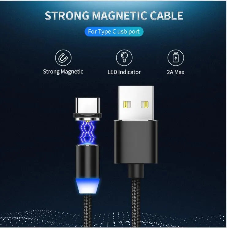 YBD 1m magnetic LED charging cable with cotton woven black cable and aluminium magnetic connectors