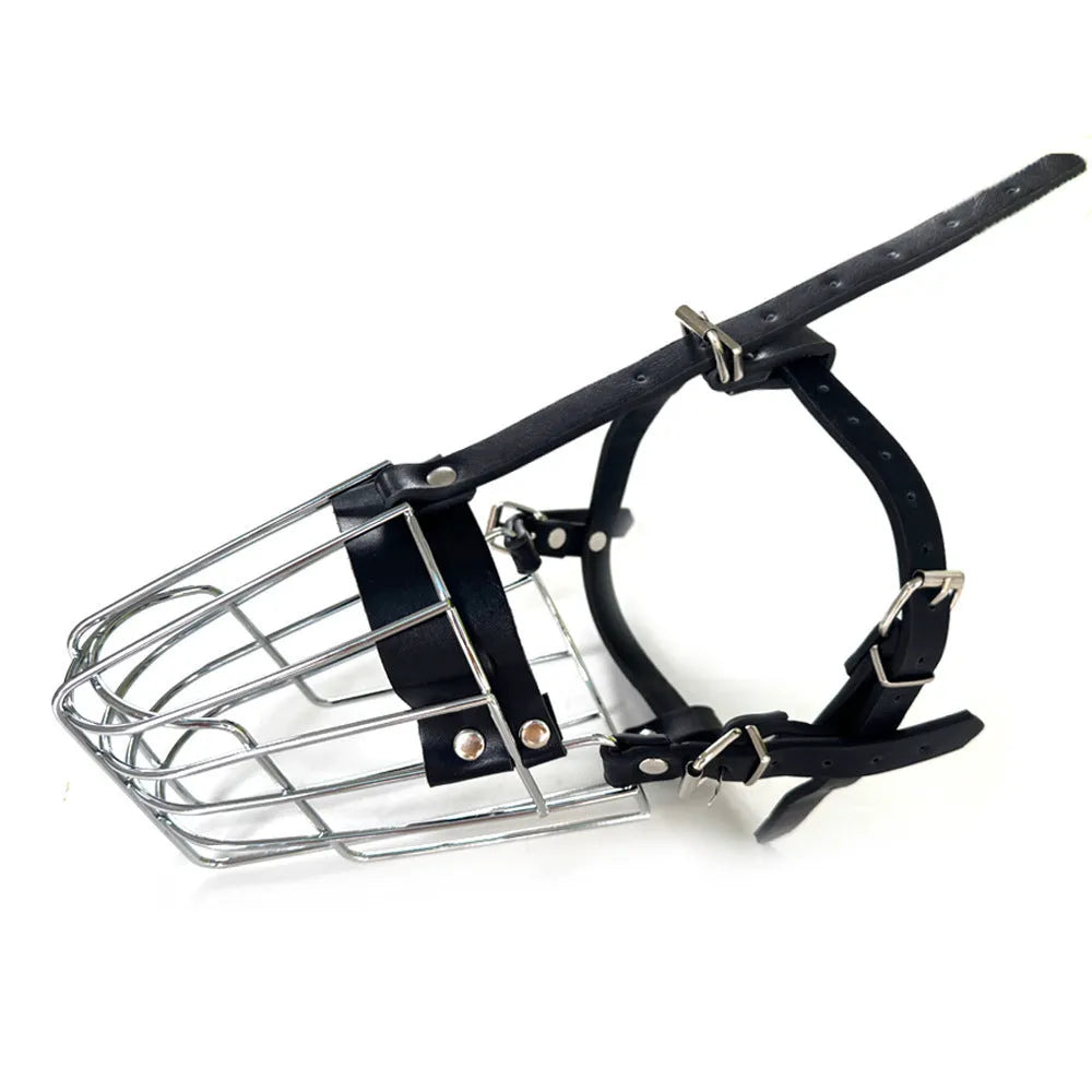 Black metal basket-style dog muzzle sized for a Golden Retriever or German Shepherd.