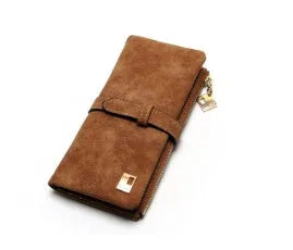 Korean retro matte Pu leather long wallet open showing card slots, note compartment and zip pocket