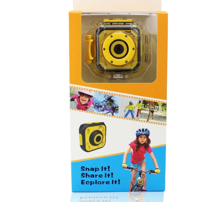 Yellow children's waterproof sports camera with LCD screen showing HD video recording.