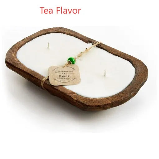Retro lavender wooden basin containing a soy wax aromatherapy candle with a three-lamp wick.