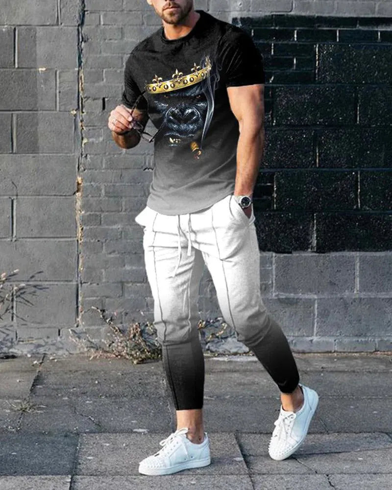 Man wearing a solid-colour short-sleeve top and matching trousers from a polyester sports set.