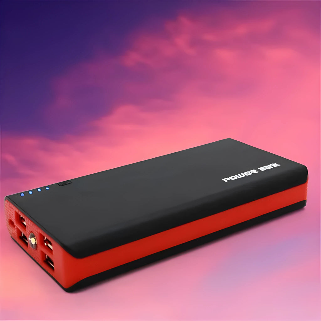 20000mAh portable power bank with 4U fast charging in red, blue, green, yellow, and black colour options