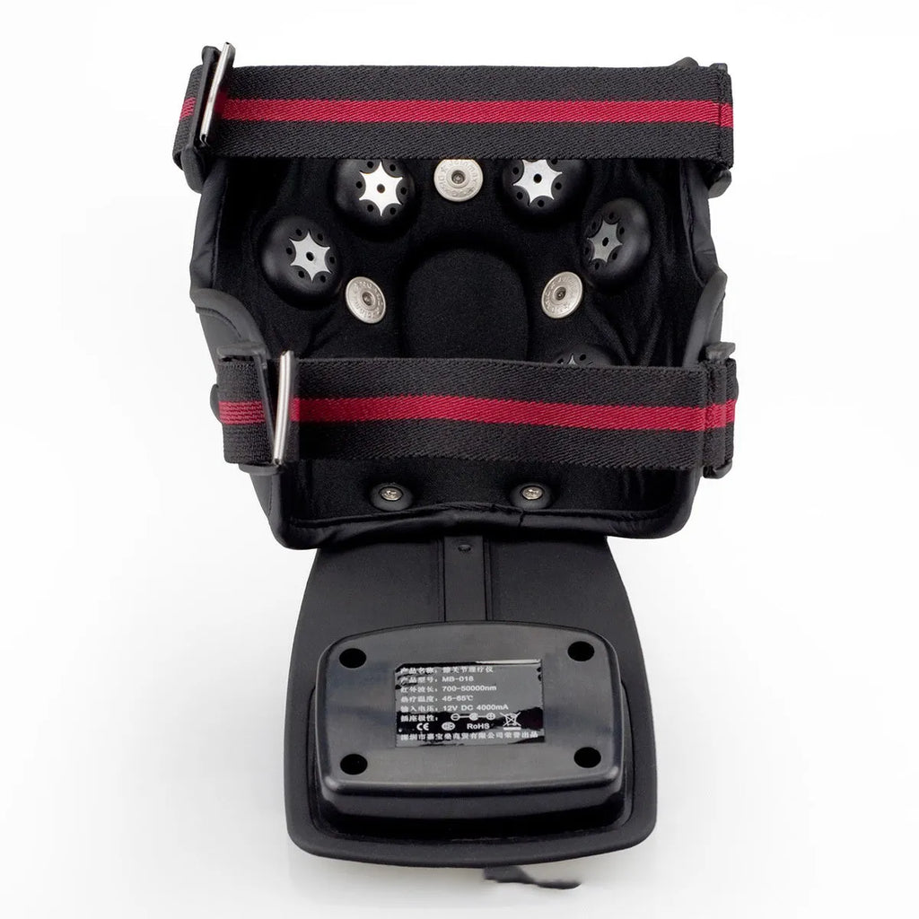 Knee massager host unit with infrared heat function, adjustable temperature control, and included knee pads and shoulder pads.