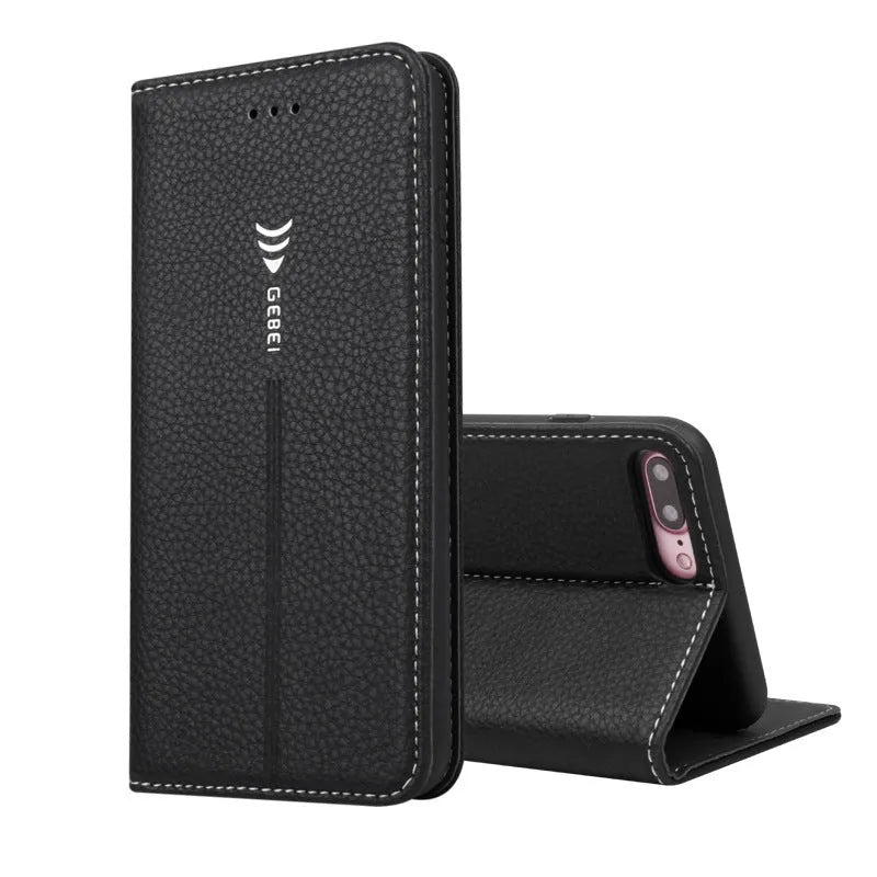 Black PU leather business wallet case for iPhone X showing card slot and cash compartment.