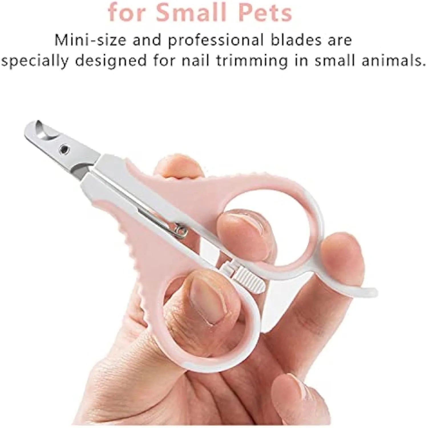 Grey and pink pet nail clippers with angled blade and safety lock for cats and small animals.