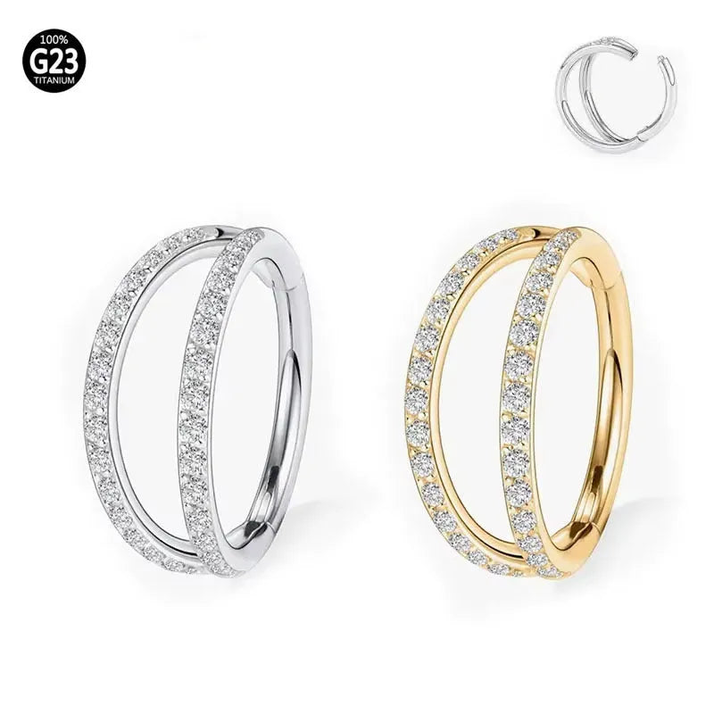 G23 titanium alloy lip and nose ring body jewellery with a zircon stud in gold or steel colour.