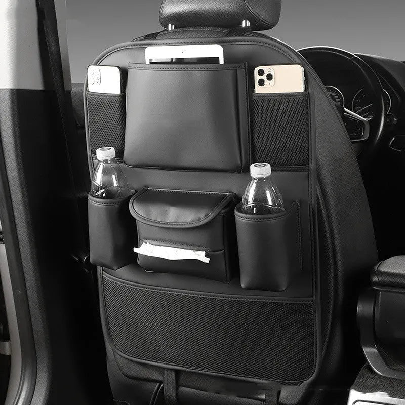 Leather car seat back storage bag in four colour options with suspended mounting