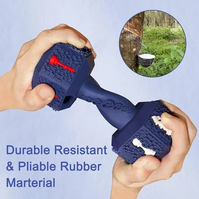 Natural rubber dog chew toy with hollow dumbbell design and textured surface for dental care