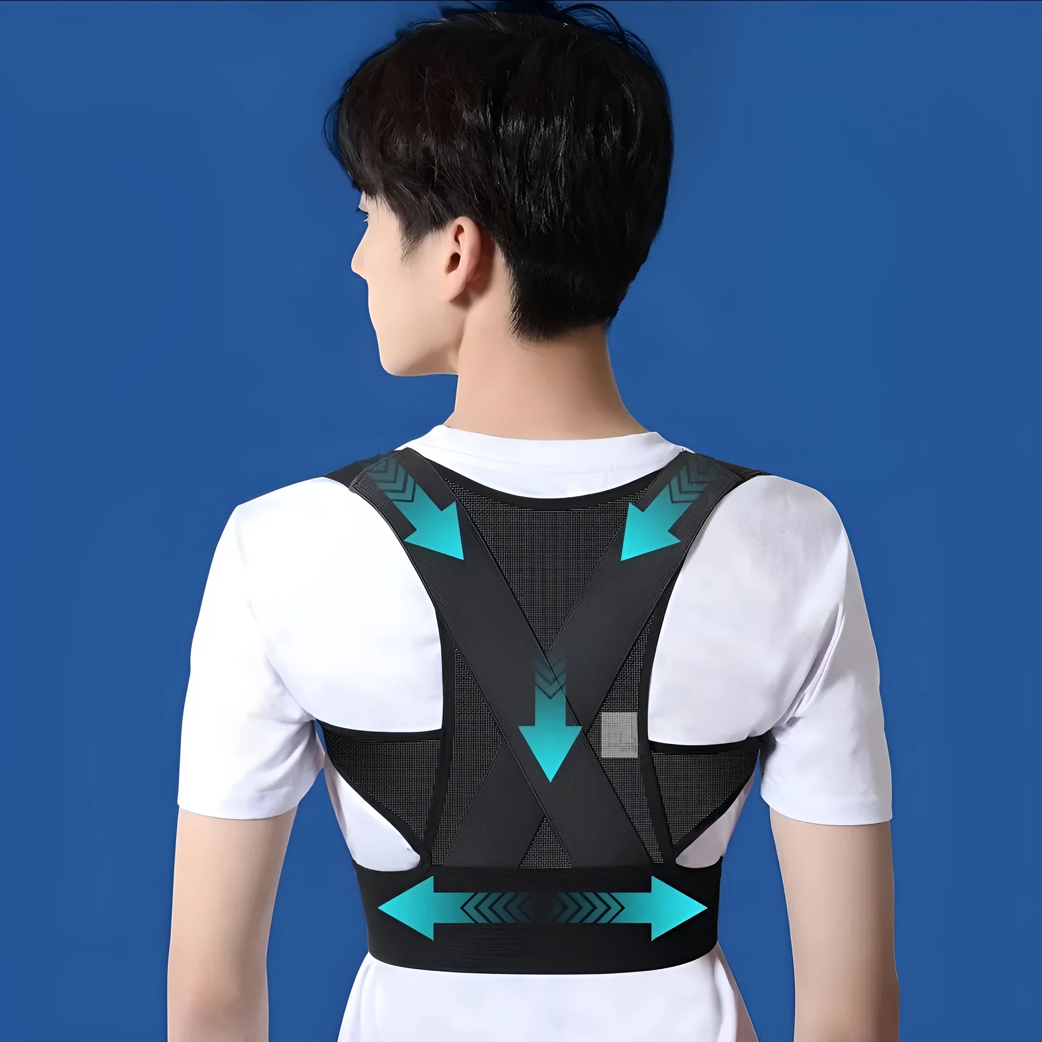 Men's black hunchback corrector posture belt showing the one-pull lift adjustment strap.