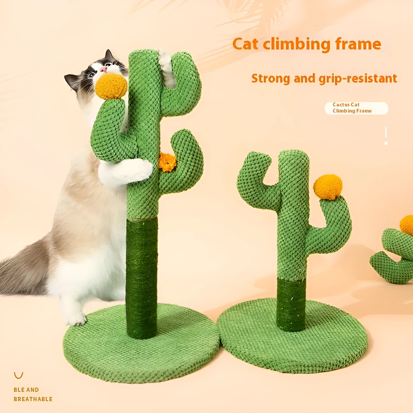 Cactus cat scratch board and climbing pole pet toy in cotton thread.