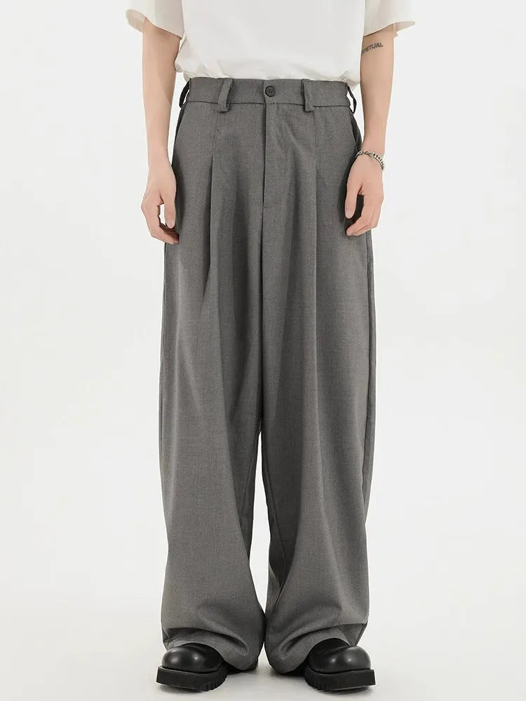 Men's straight casual trousers in black, loose fit, front view, polyester blend fabric