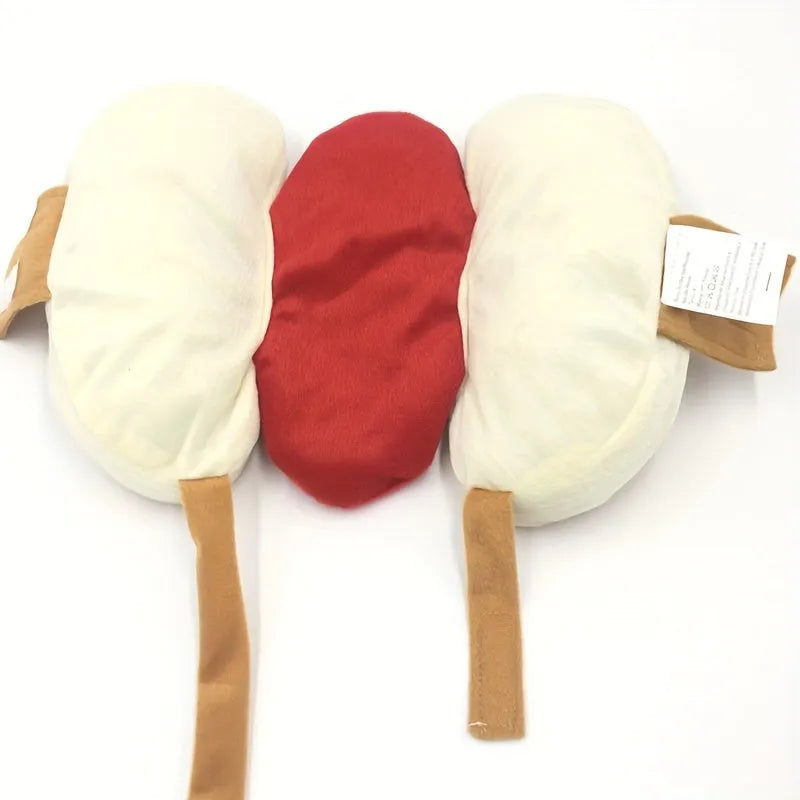 A small dog wearing a stuffed hot dog costume with a padded sausage midsection.
