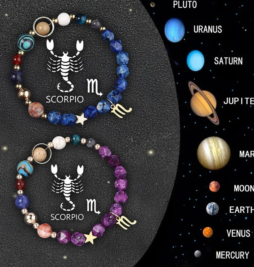 Natural stone bead zodiac bracelet set showing all twelve astrological signs