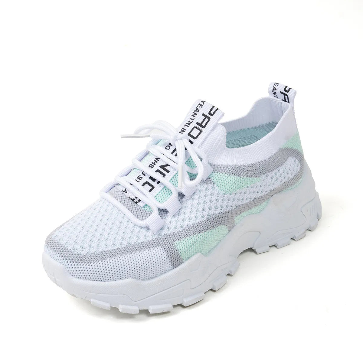 Women's Flyknit mesh lace-up sneakers in a grey colourway on a flat rubber sole.