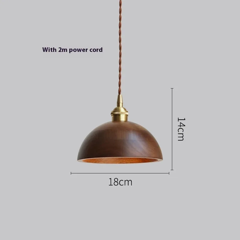 Single-head black walnut style droplight chandelier with copper wood art construction and E27 lamp holder.