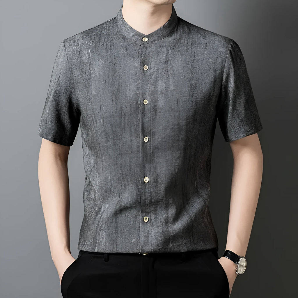 Men's linen-style loose cardigan shirt in solid colour with stand collar