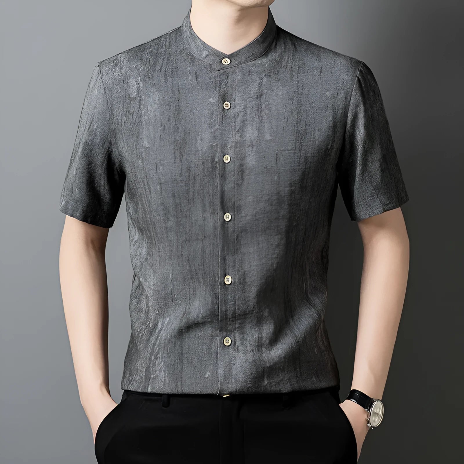 Men's linen-style loose cardigan shirt in solid colour with stand collar