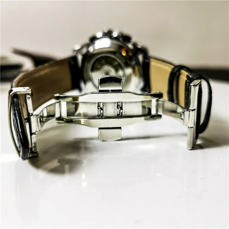 Automatic mechanical mens watch with silver stainless steel case and black dial