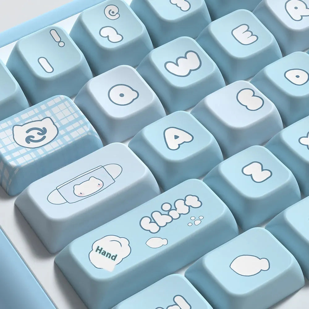 Watercolour kitten illustration custom keycap set for mechanical keyboard, showing multiple PTB keys with opaque legends.