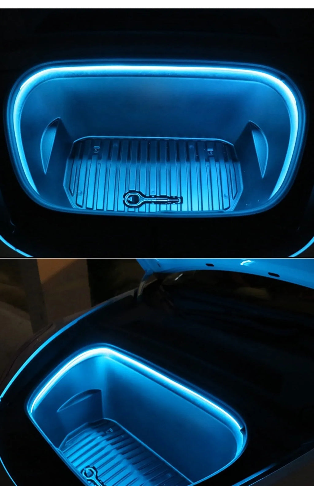 Tesla Model 3 and Y front centre console soft silicone ambience light in ice blue, pure white, and warm white options.