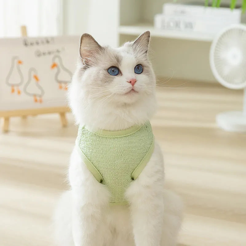 Green knitted cat clothes with bear patch showing hollowed-out breathable design