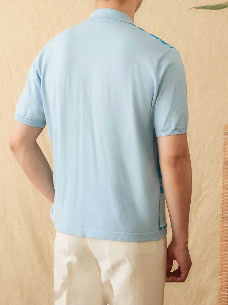 Striped short-sleeve knitted cardigan polo shirt with lapel collar in light blue colour