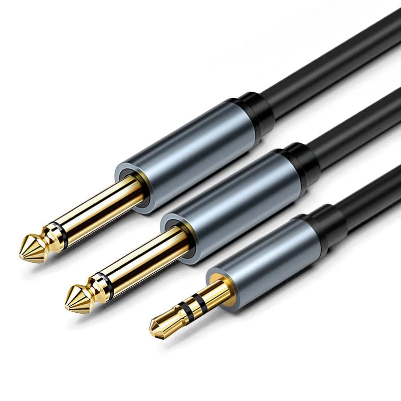 3.5mm to dual 6.35mm male audio cable with gold-plated connectors, available in multiple lengths.