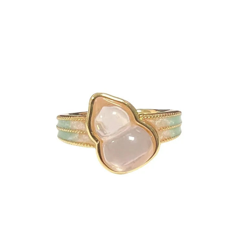 Copper adjustable ring with gourd design, flower and bow shapes, inlaid zircon detailing